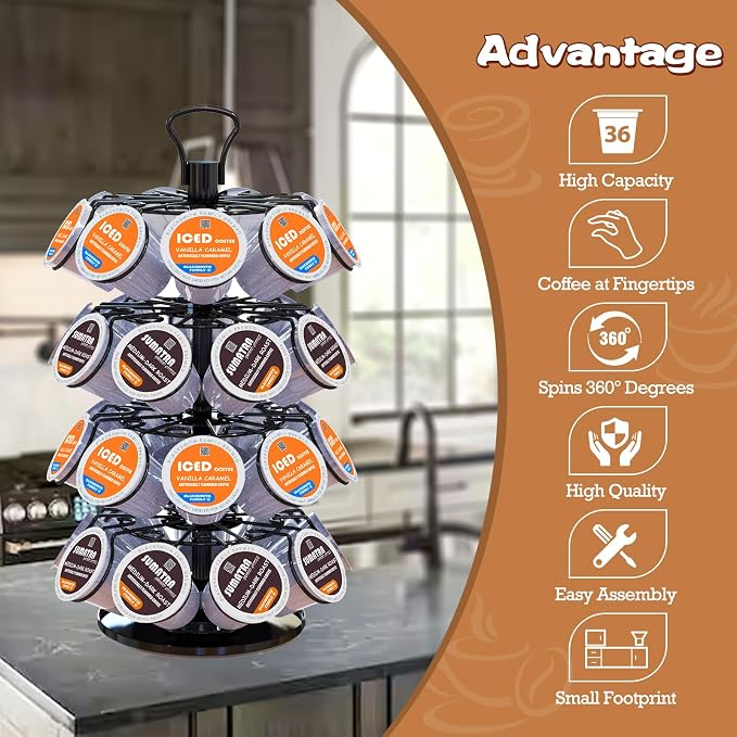 K Cup Holder,4-Tier Coffee Pod Holder Storage Organizer Stand,Holds 36 Pods | K Cup Carousel, 360°Rotating K Cup Organizer, Space-Saving for Countertop, K Cups Holder Easy Assembly, Glossy Black Finish