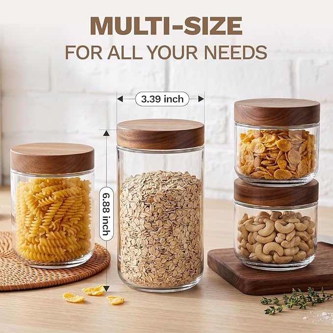 Bumobum 24 oz Glass Jars with Acacia Lids, Food Storage Containers, 4 Pack | Acacia Wood Lids, Airtight Seal, Food Containers for Coffee, Sugar, Loose Tea, Spice, Cereal, Snack, Pantry Storage