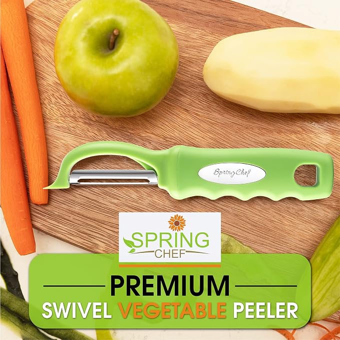 Spring Chef Swivel Vegetable Peeler for Kitchen w/Soft Grip Handle, Green | Premium Potato Peeler w/ Ultra Sharp Stainless Steel Blades, Multifunctional Veggie Peeler for Apple, Carrot, Cucumber, Fruit