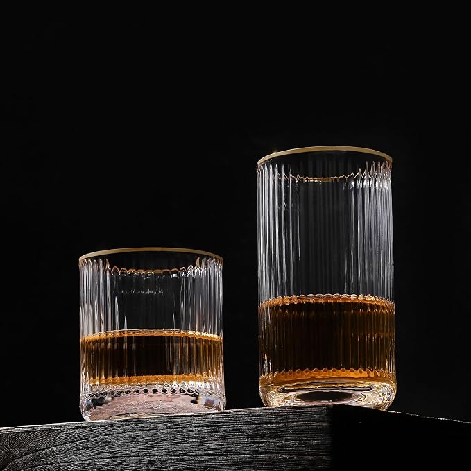 Lysenn Fluted Bar Glassware Set of 4, Wine, Champagne, Whiskey, Highball | Four Distinct Silhouettes, Gold Rim, Hand Blown, Coordinated Drink Service, Wedding Table, Dinner Party, Home Bar, Ideal Gift