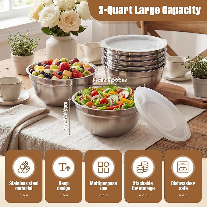 Geetery 6 Pack Stainless Steel Mixing Bowls with Airtight Lids 3qt Metal Mixing Bowl Thicker Stainless Steel Salad Bowls for Food Prep, Baking, Storage, Cooking, Serving Dishwasher Safe (White Lid)