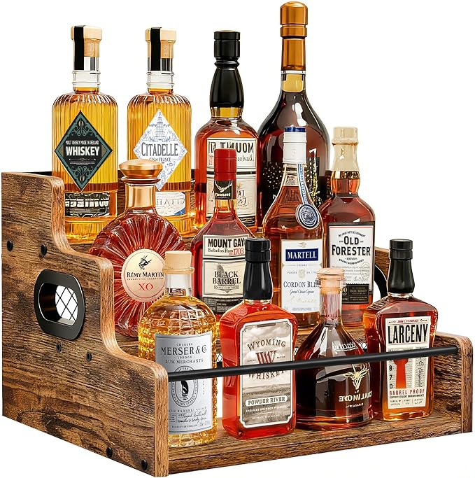 Liquor Bottle Display Shelf, 3 Step Coffee Syrup Rack Organizer, Countertop Liquor Wine Rack, Mini bar, Liquor Cabinet, Home Retro Bar Shelf Stand for Whiskey Alcohol Drink