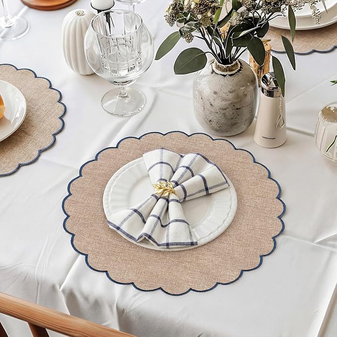 Set of 6 Linen Boho Cotton Placemats 15" Round Scalloped Blue | Double Layered Cotton Fabric, Washable Embroidery, Blue Edge Edge, Rustic Table Mats for Wedding Dining Table Decor