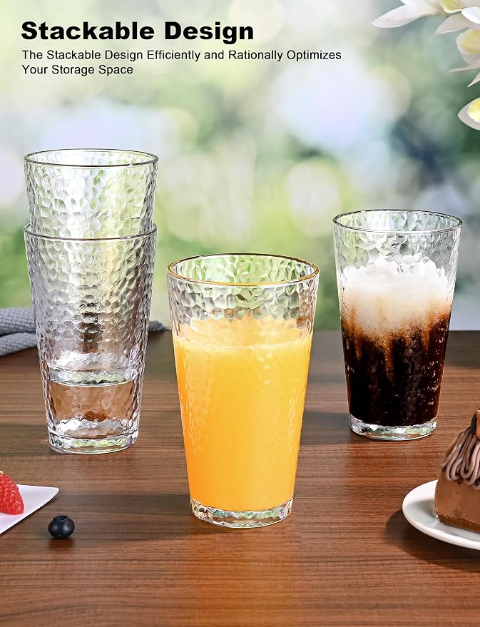 Amyoole Drinking Glasses Set of 8, 16oz Clear Highball Water Glasses | Stackable Lead-Free, Clear Heavy Hammered Glass Cups,Kitchen Drinkware Glassware for Cocktail,Beer,Juice,Iced Tea,Margaritas