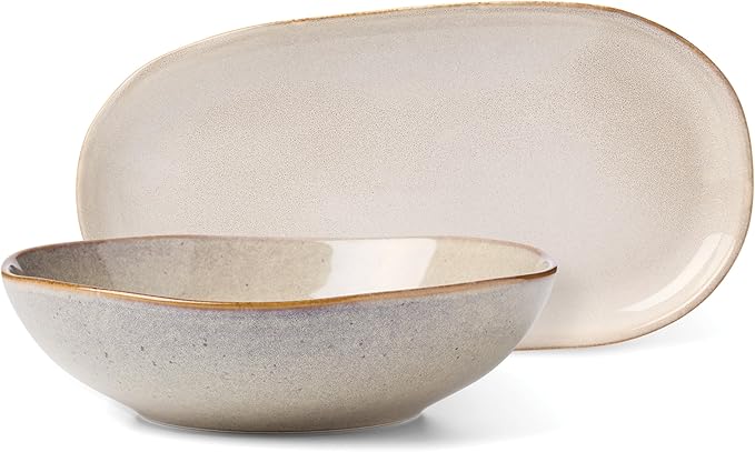 Oneida Organic Shades Oatmeal Stoneware 2-Piece Serving Platter Set | dishwasher safe, microwave safe | includes platter and serving bowl | 44oz, food tray, gift for women
