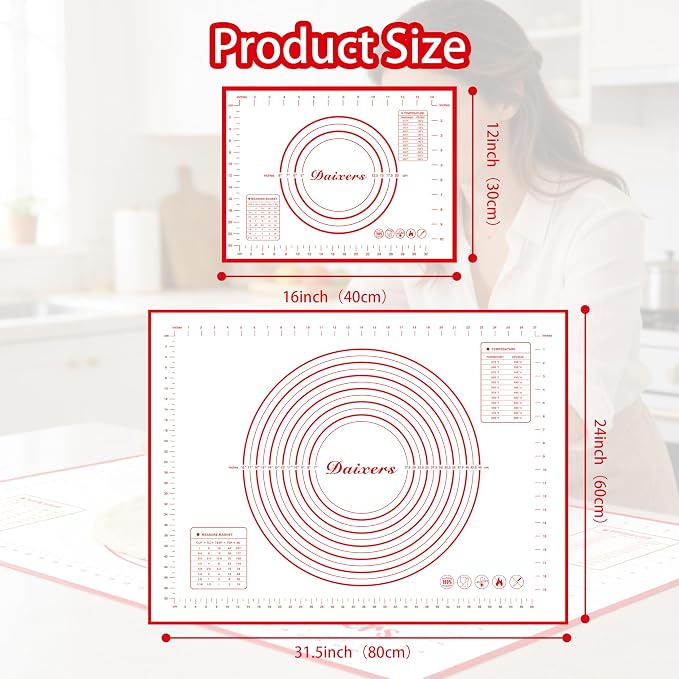 Silicone Baking Mats Set of 2,Extra Large 31.5" x 24" Small 16" x 12" Non Stick Non Skid Pastry-Mat with Measurements (Red)