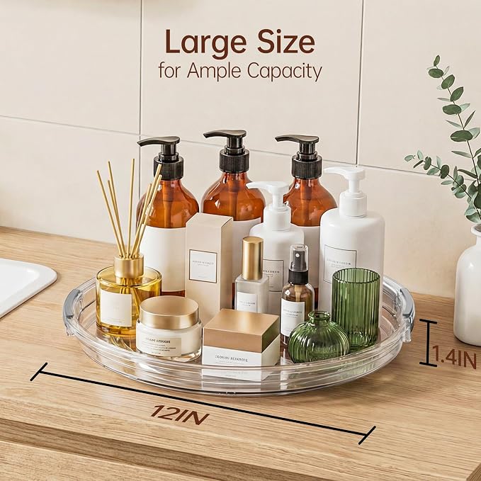 LAMU 12 in Lazy Susan Turntable, 2 Pack Clear Spice Rack, Organizer Storage | 360° Rotating, Kitchen Storage Tray for Cabinet & Table Top, Pantry, Fridge, Bathroom, Medicine & Countertop