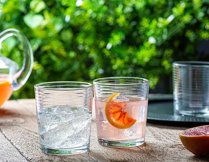 Le'raze Set of 16 Heavy Base Ribbed Durable Drinking Glasses Includes 8 Cooler Glasses (17oz) and 8 Rocks Glasses (13oz), Clear Glass Cups - Elegant Glassware Set