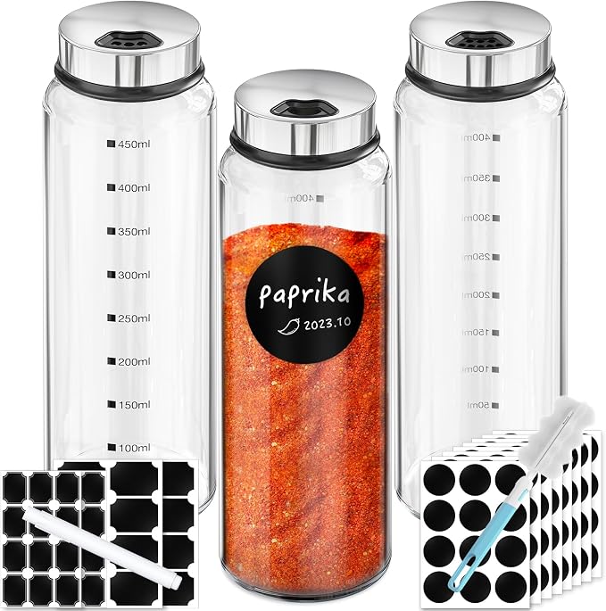 Segarty Spice Jar with Labels, 3 Pack 15oz Glass Spice Shakers with Adjustable Pour Lids, Clear Large Spices Bottles for Herb Salt Pepper, Condiment Containers with 136 Labels, 1 Marker Pen and Brush