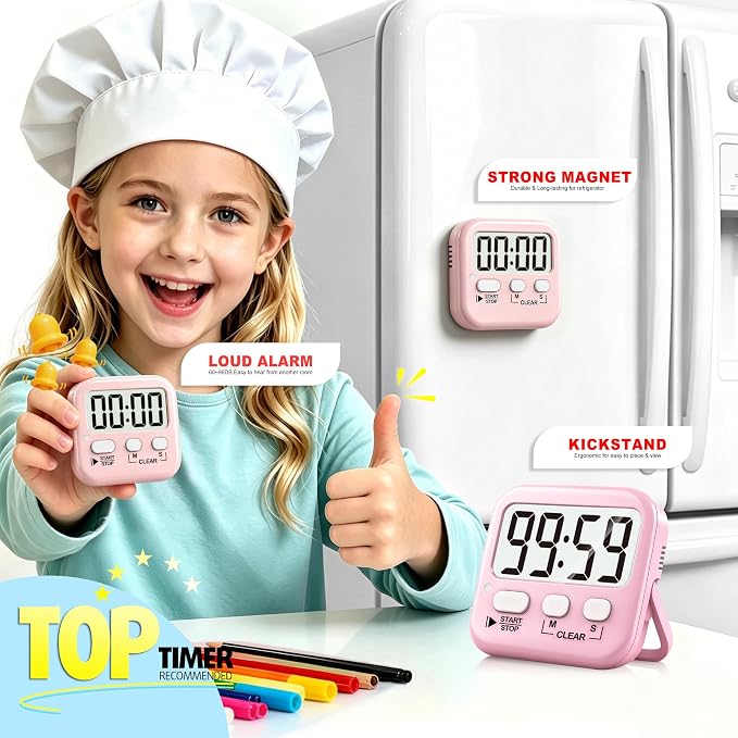 2 Pack Digital Timer for Kids Classroom Kitchen Timers for Cooking | w/ Battery, Easy to View, Alarm, Mute Mode, Count Down/Up, Magnetic, Kickstand, Hanging, Classroom Timer for Teacher Supplies