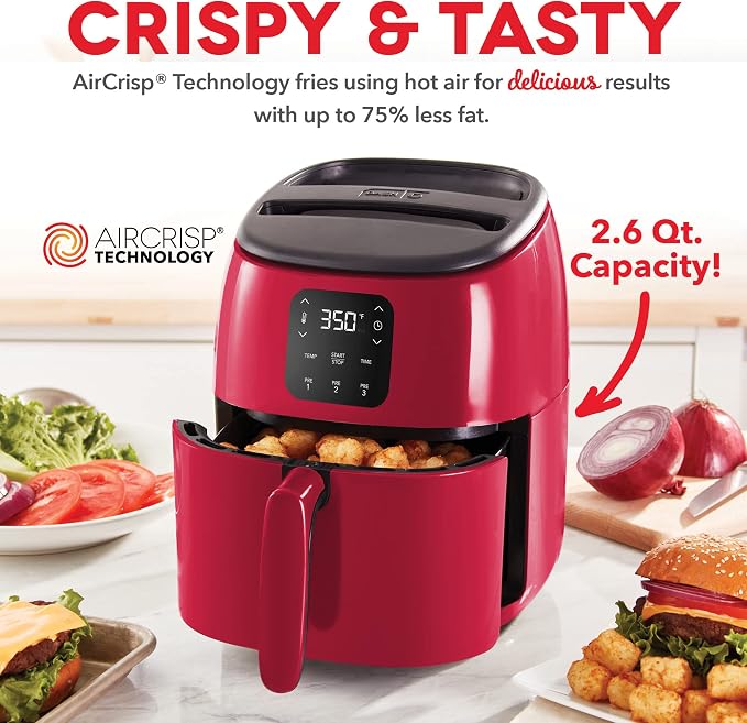 Dash Tasti-Crisp Digital Air Fryer, 2.6 Quart, Red | Small Compact Basket Style Air Fryer for One or Two People, Auto Shut Off, Adjustable Temperature, Dishwasher Safe Parts