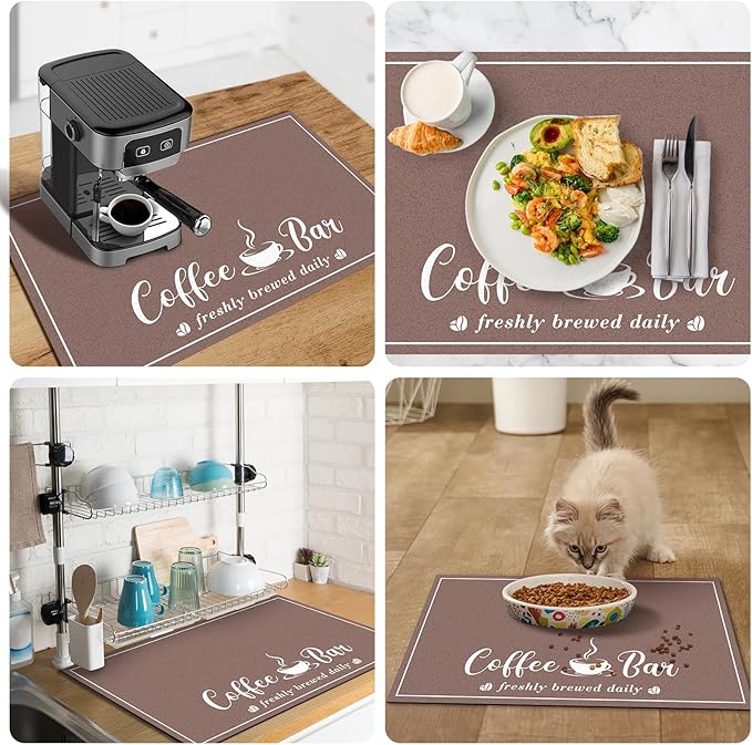 CooRug Fashion Coffee Mat, Dish Drying Mat 16" x 24" Brown | Hide Stain, Absorbent, Coffee Bar Accessories, Heat Resistant, Non-slip, Eco-friendly, Easy to Clean