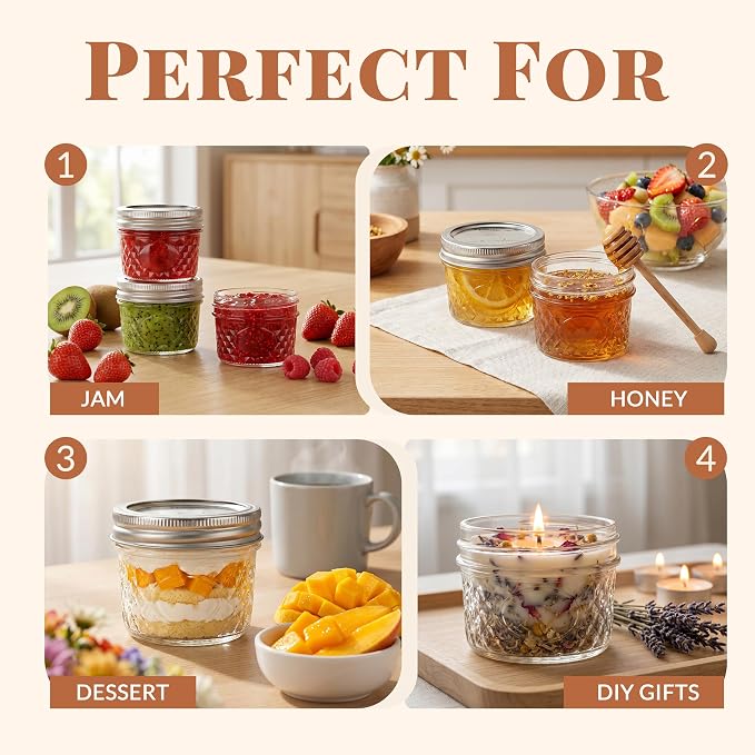 CycleMore 40 Pcs 4oz Crystal Mini Mason Jars, Silver Separable Lids | Airtight, BPA-free, Reusable, WasherSafe, Small Canning Jars for Jam, Honey, Samples, Wedding Favors, DIY Candles