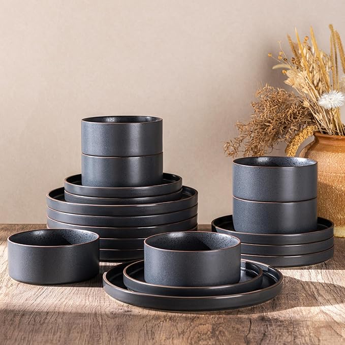 LERATIO Stoneware Dinnerware Sets for 4,12-Piece Matte Plates and Bowls Set | Handmade High Edge Rim Dish Set,Oven & Microwave,Dishwasher Safe,Scratch Resistant-Ashen