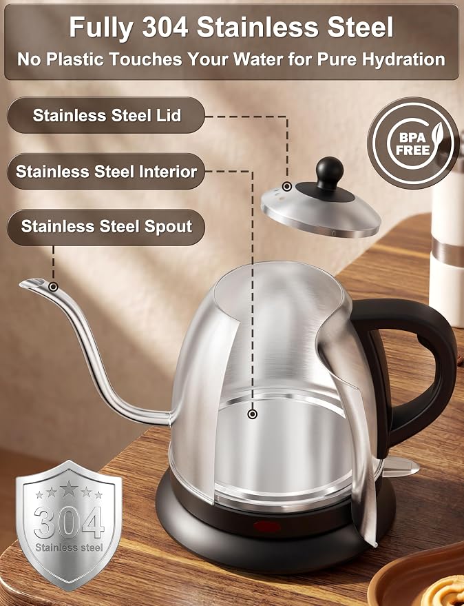 Stariver Gooseneck Electric Kettle, 1L Stainless Steel Pour Over Tea Pot | Fast Heating, Auto Shut-Off, Boil-Dry Protection, BPA-Free, for Pour Over Coffee, Tea, Drip Brew, Home or Office
