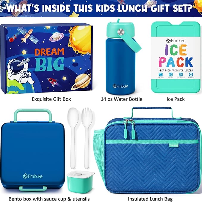 Fimibuke Kids Bento Lunch Box with Toddler Insulated Water Bottle Lunch Bag | Lunch Box Kids with 4 Compartments, Ice Pack & Utensils Set, Birthday Gifts for Ages 3-12 Back to School Toddler Girls Boys