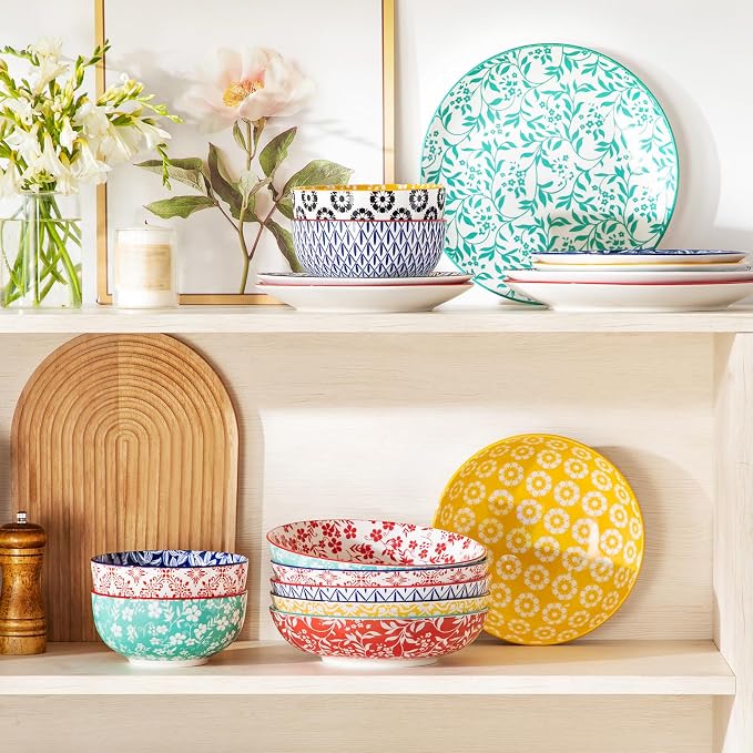 vancasso 8.5" Pasta Bowls Set of 6, 40 oz Porcelain Shallow Salad Bowls, Serving Bowls Pasta Dishes Plates Large Kitchen Bowl Plates, Vivid Floral Design, Microwave Safe, Series SELENE