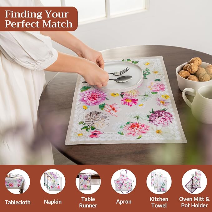 Maison d' Hermine Placemats Set of 4 Reusable 100% Cotton (13"x19") | Cloth Place Mats Washable Table Mats for Kitchen Dining Party Wedding Hotel Home Restaurant Spring Summer - Pivoine