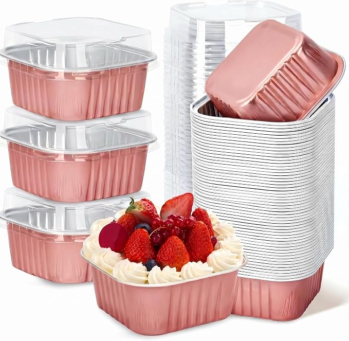 60Pack 5oz Champagne Mini Cake Pans with Lids Baking Cups Aluminum Foil Pans Tins, Individual Dessert Cups Containers for Sales,Party,Picnics