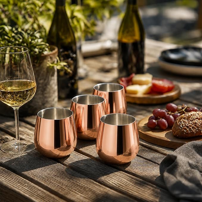 K&K Home Stainless Steel Unbreakable Stemless Wine Glasses - 15 oz - Set of 4 Colored, Stemless Metal Wine Glasses Perfect for Outdoors, Weddings, and Parties (Rose Gold)