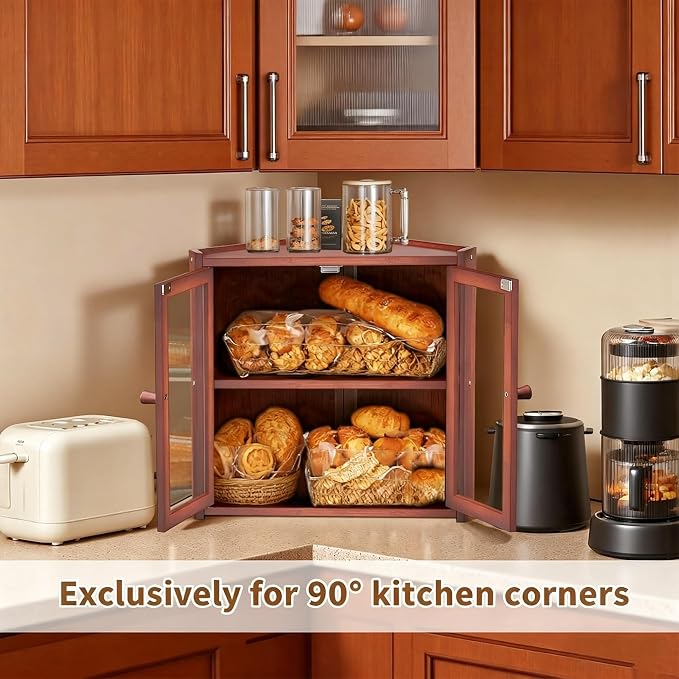 BAMBANG Bread Box, Double Layer Bamboo Bread Bin for Homemade Bread Bakers and Corner Kitchen Countertop with Double Doors, Not Suitable for Oversized Loaves, Brown