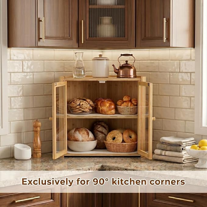Corner Bread Box for Kitchen Countertop, Double Layer Bamboo Bread Bin with Clear Windows and Double Doors, Wooden Bread Storage Container for Bread, Snacks, Natural