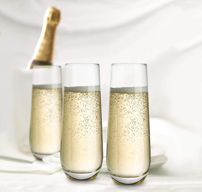 KooK Champagne Flutes, Champagne Glasses, Mimosa Glasses, Stemless Champagne Flutes, Set of 8, 9.4oz, Rose, Prosecco, for Weddings and Parties, Dishwasher Safe