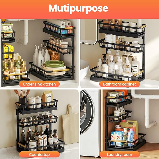 Under Sink Organizer and Storage for Bathroom and Kitchen - 2 Pack 3 Tier | Under Cabinet Pull Out Shelf Organizers - Slide Out Drawer Organization for Home Cabinets Shelves and Drawers