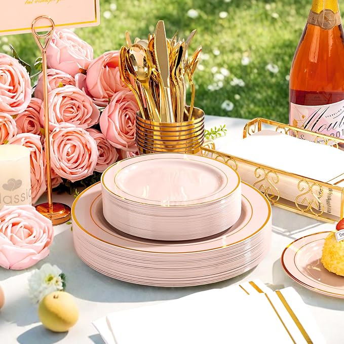 GATHER 700PCS Pink Plastic Plates 100 Guest with Gold Rim for Wedding Party | Pink Disposable Plastic Dinnerware Set include 200 Pink Plates, 300 Silverware, 100 Napkins, 100 Cups for Baby Shower