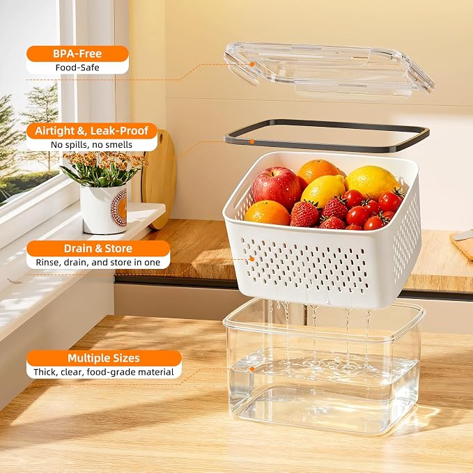 JOYZAN Fruit Storage Containers for Fridge with Airtight Lids 8 Pack | Airtight Food Storage Containers with Removable Colanders Fridge Organizers and Storage for Salad, Berry, Lettuce, Keeper
