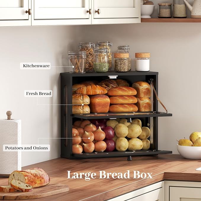 Corner Bread Box for Kitchen Countertop, 2026 New Double Layer Bamboo Bread Storage Bin, Large Bread Container for homemade bread (Black)