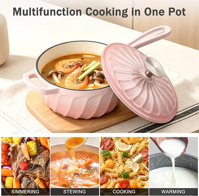 Enameled Cast Iron Sauce Pan with Lid, 1 Quart Saucepan with Lid | Dutch Oven with Lid, Small Cast Iron Pot for Cooking Pasta, Soup, Milk, Induction & Oven Safe Up to 500°F, Pink