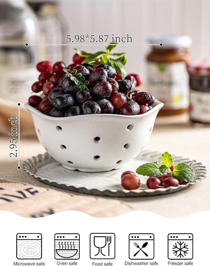 Gomakren Ceramic Berry Basket Set of 2, Rustic Fruit Basket Container 6 Inch, Fruit Bowl with Holes for Kitchen, Berries, Strawberry, Grape, Cherry, Floral Shape - Cream White