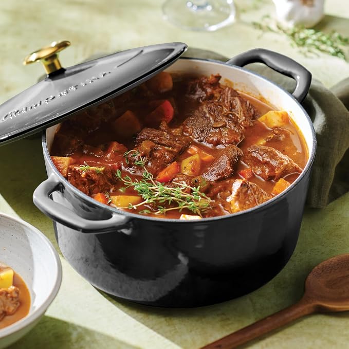Tramontina Bestow Enameled Cast Iron 5.5-Qt Round Dutch Oven Pot with Lid | Great for Braising, Roasting and Bread Baking - Smoke with Gold Knob