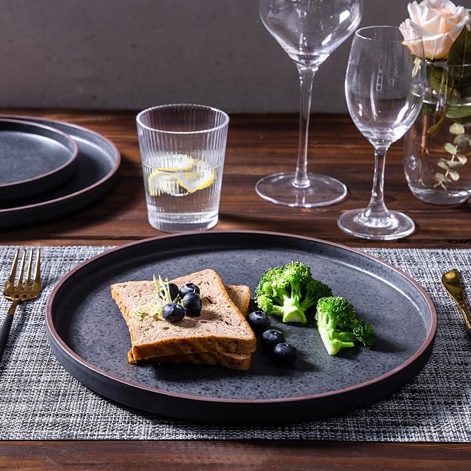 LERATIO Stoneware Dinnerware Sets for 4,12-Piece Matte Plates and Bowls Set | Handmade High Edge Rim Dish Set,Oven & Microwave,Dishwasher Safe,Scratch Resistant-Ashen