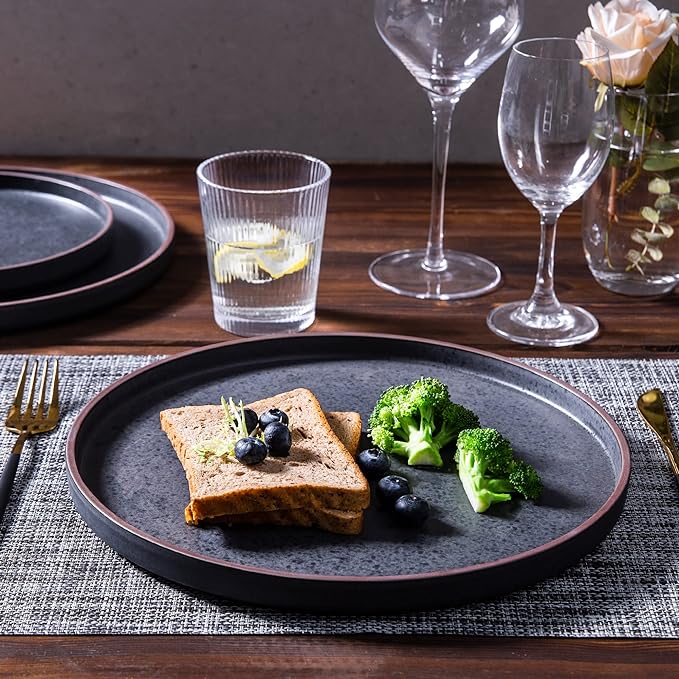 LERATIO Stoneware Dinnerware Sets for 6,18-Piece Matte Plates and Bowls Set | Handmade High Edge Rim Dish Set,Oven & Microwave,Dishwasher Safe,Scratch Resistant-Ashen