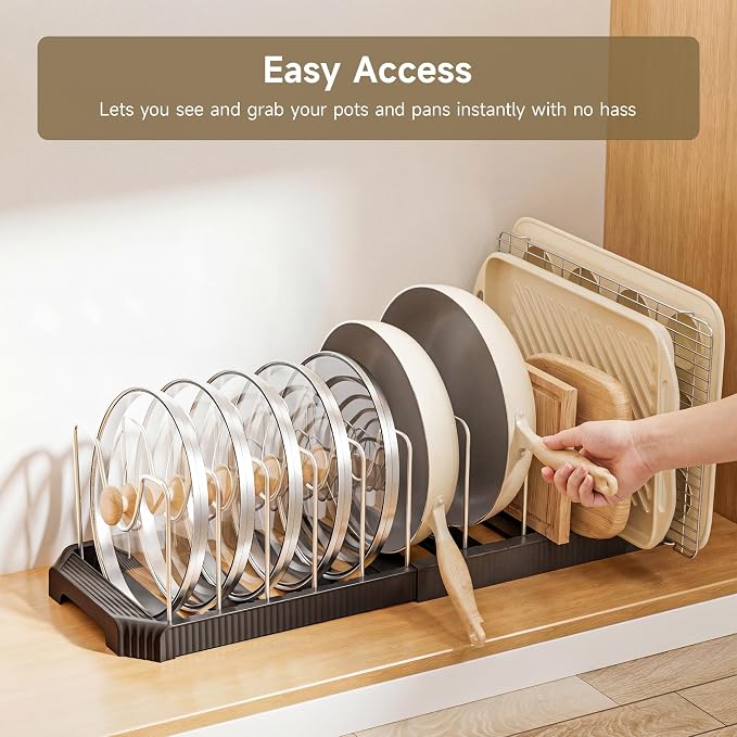 MUDEELA Pots and Pans Organizer under Cabinet, Pan Pot Organizer Inside Cabinet, Expandable 12.9''-21.88'' Pot Lid Organizer Holder with 12 Adjustable Dividers for Cutting Boards, Pan Lid Rack, Black