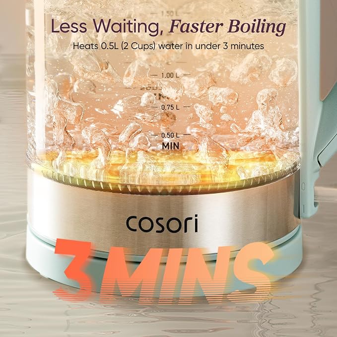Cosori Electric Kettle, No Plastic Contact with Water, 1.7L, Green | Wide Opening, Easy to Clean, Auto Shut-Off, Boil-Dry Protection, Tea Kettle, Hot Water Boiler, Borosilicate Glass, 1500W