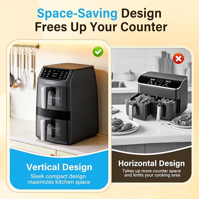 11QT Large Double Air Fryer, family size Dual Basket | Deep Top & Long Bottom for Whole Chicken & Ribs, 430°F High-Heat Broil, 360° Rapid Circulation, 6 in 1 Preset Function