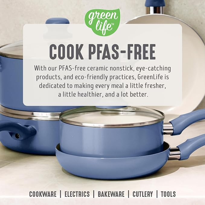 GreenLife 2 Piece (8" & 10") Ceramic Nonstick Skillet Set, Slate Blue | PFAS-Free Nonstick Coating, Frying Pans, Omelet Pans, Everyday Pan, Induction Ready, All Stovetop Compatible, Dishwasher Safe