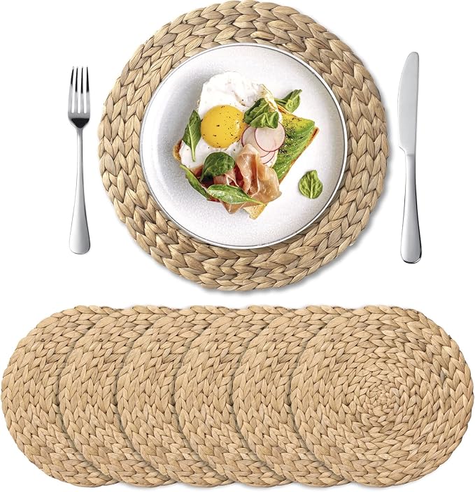 6 Pack 13.8" Woven Placemats, Natural Hand-Woven Water Hyacinth Placemats, Round Braided Rattan Tablemats for Dining Table, Large Weave Round Place Mats Heat Resistant Non-Slip Table Mats, 13.8 Inch