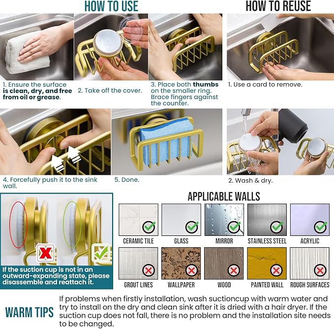 TAILI Sink Caddy with Strong Suction Cup, Sponge Holder for Kitchen-Gold | Sponge Caddy for Kitchen Sink Oganizer, Removable Rustproof Aluminum Sponge Holder for Dish Brush, Scraper, Scrubber