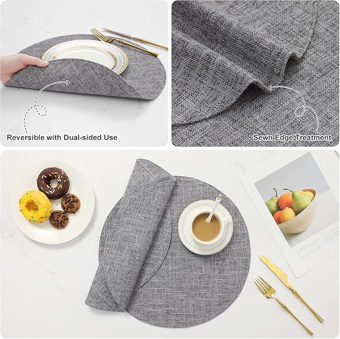 Cotton Linen 15 Inch Round Cloth Place mats, Set of 4, Dark Grey | Washable Table Mats, Heat Resistant, Reversible, Wipeable Place Mats for Indoor Outdoor
