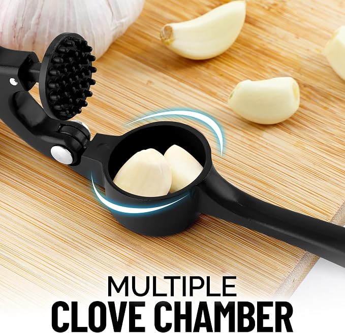 Zulay Kitchen Premium Garlic Press Set - Rust Proof Professional Garlic Mincer Tool - Easy-Squeeze, Easy-Clean with Soft, Ergonomic Handle - Silicone Garlic Peeler & Brush (Black)