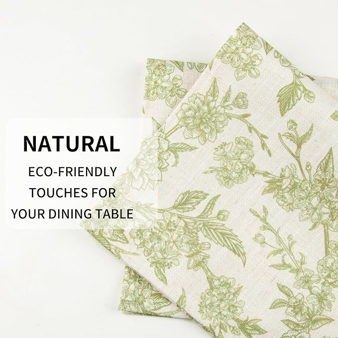 QIYI Boho Table Placemats Set of 4, 12"x18" Linen Place Mats, Green Blooms | Fabric Place Mats for Kitchen Dinning, Farmhouse Rustic Cloth Table Mats, Washable Placemat Party Table Décor