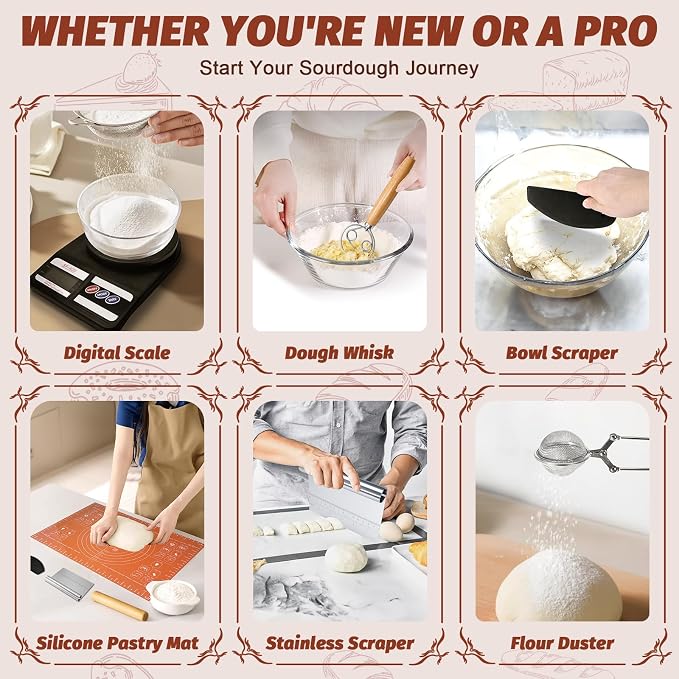 EWFEN Sourdough Starter Kit with Enamel Cast Iron Pot, Complete Sourdough Bread Baking Supplies, Round & Oval Bread Proofing Basket with 34 Oz Starter Jar, Bread Making Tools Kit