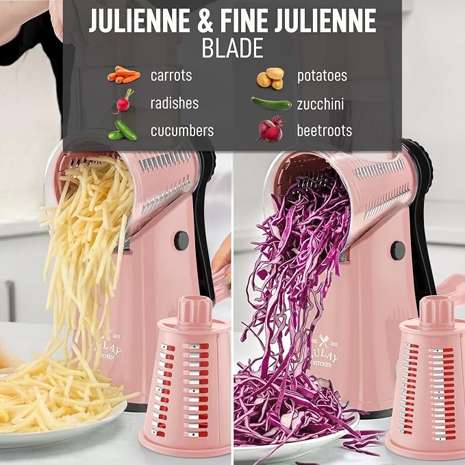 Zulay Kitchen Rotary Cheese Grater 5 Blade Cheese Shredder - Manual Hand Crank Cheese Grater With Reinforced Suction & 5 Interchangeable Drums - Easy to Use, Vegetable Chopper Round Mandoline Slicer