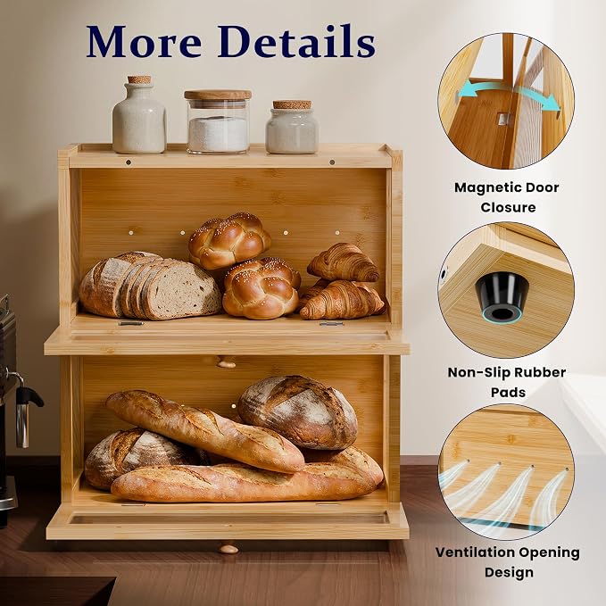 Stackable Bread Box for Kitchen Countertop, 2 Tier Bamboo Bread Storage Container Holder Bin for Baked Goods Snacks Farmhouse Breadbox with Acrylic Window for Pantry Cabinet Cupboard, Natural