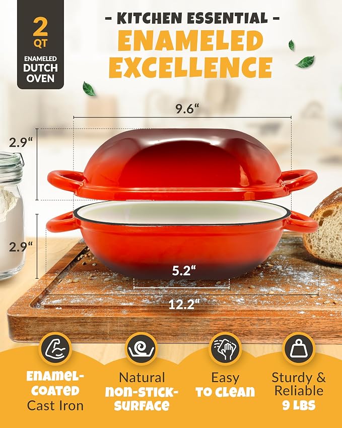 2 QT Oval Cast Iron Dutch Oven for Bread Baking with Lid & Kit | Dutch Oven for Sourdough Bread Baking, Enameled Cast Iron, Banneton, Bread Sling, Lame, Dough Whisk & Instruction Guide