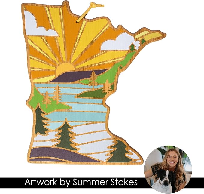 Totally Bamboo Minnesota State Shaped Cutting Board, Summer Stokes Art | State charcuterie board with colorful hand-drawn landscape art. Smooth reverse side for food prep. Hang tie for wall display.